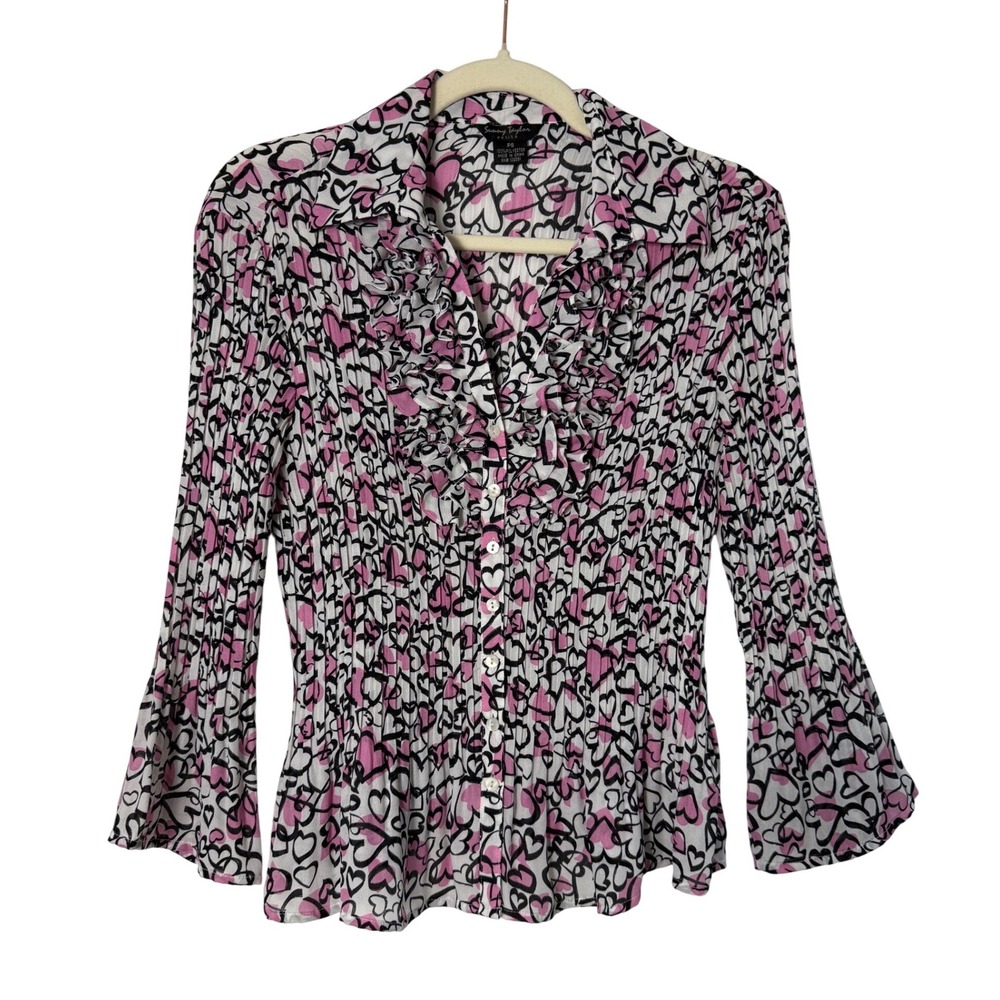 Sunny Taylor Blouse Women PS Pink Heart Print Excellent Ruffle Crinkle Pleated